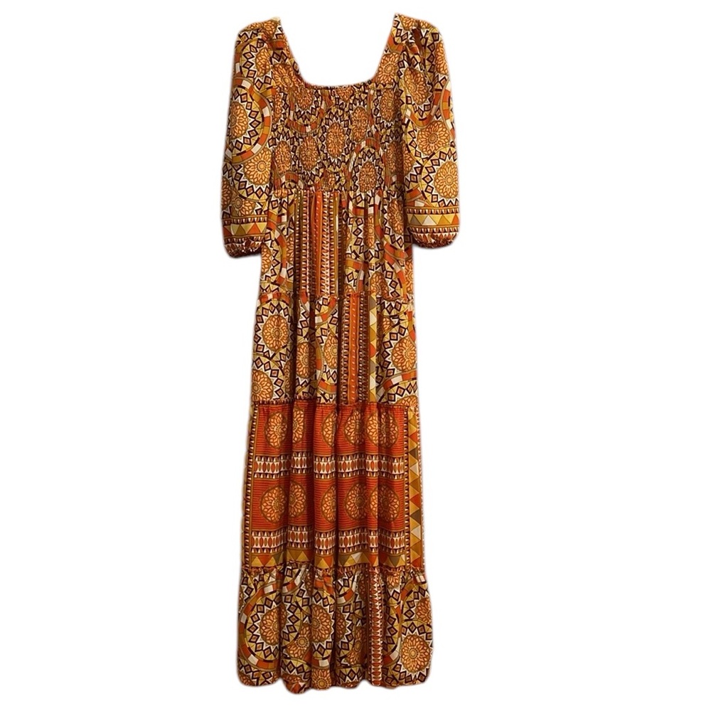 Me 2 Magic Anthropologie Yellow/Orange Sun Medallion 
Tiered Dress Size Small - Picture 6 of 9